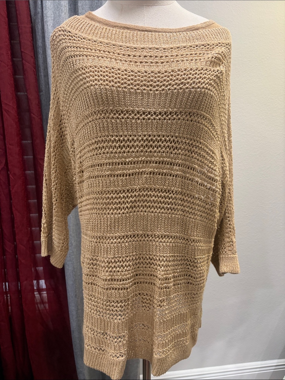 Chico's Open-Knit Off-the-Shoulder Sweater Tunic in Tan